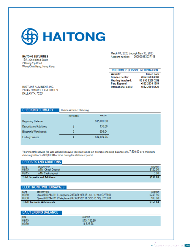 Download Haitong Securities business bank statement Word and PDF template Photoshop template